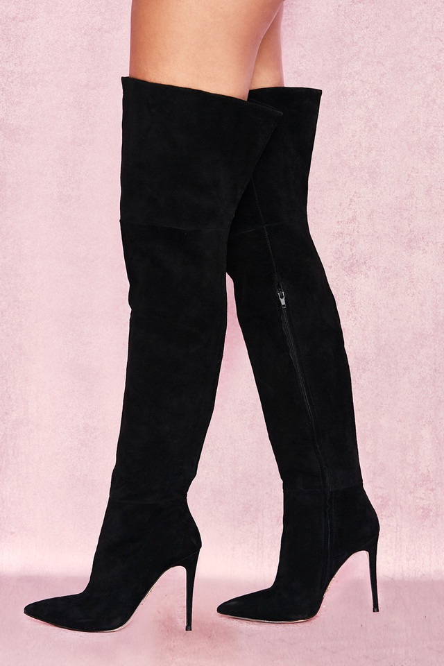 'Extraordinaire' Black Real Suede Thigh Boots